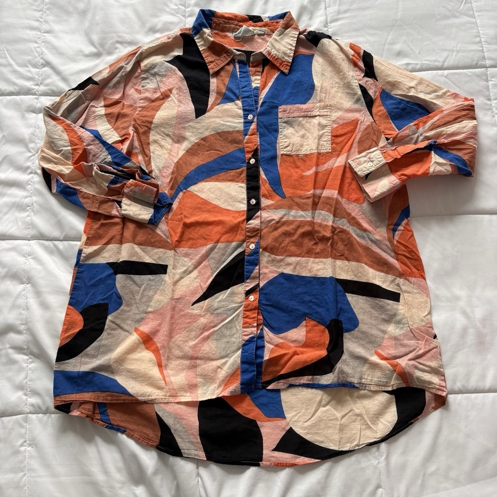 Womens XL‎ 100% Cotton Vibrant Abstract Button Down Blouse Maximalist Luxury